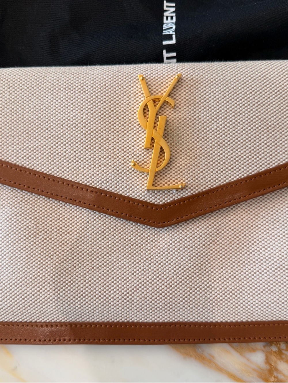 Saint Laurent Uptown Clutch Beige Canvas Tan Leather YSL $730-authentic - Picture 4 of 9